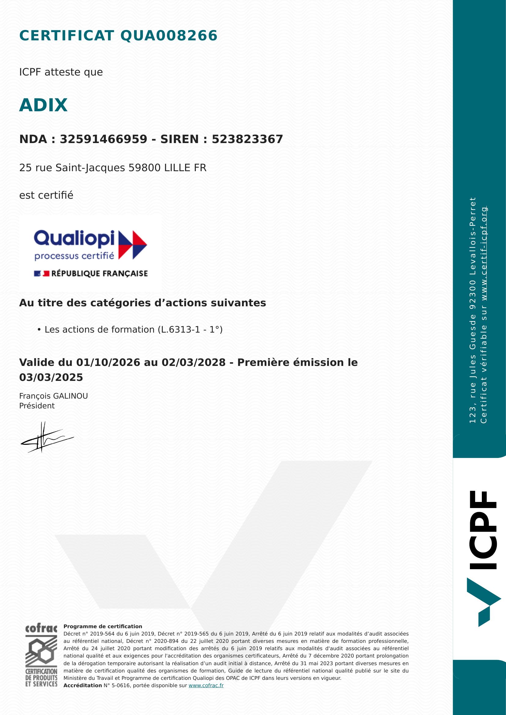 Certificat Qualiopi d'Adix – actions de formation, valide jusqu'au 02/03/2028